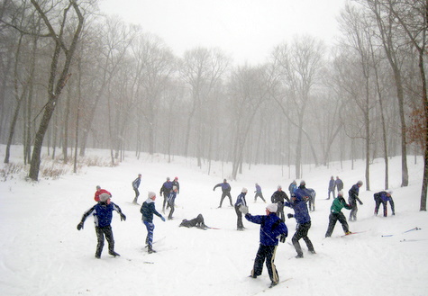 Members of the Minneapolis Southwest Nordic ski team having fun in Sunday's snow storm that dropped around 10" of fresh snow.