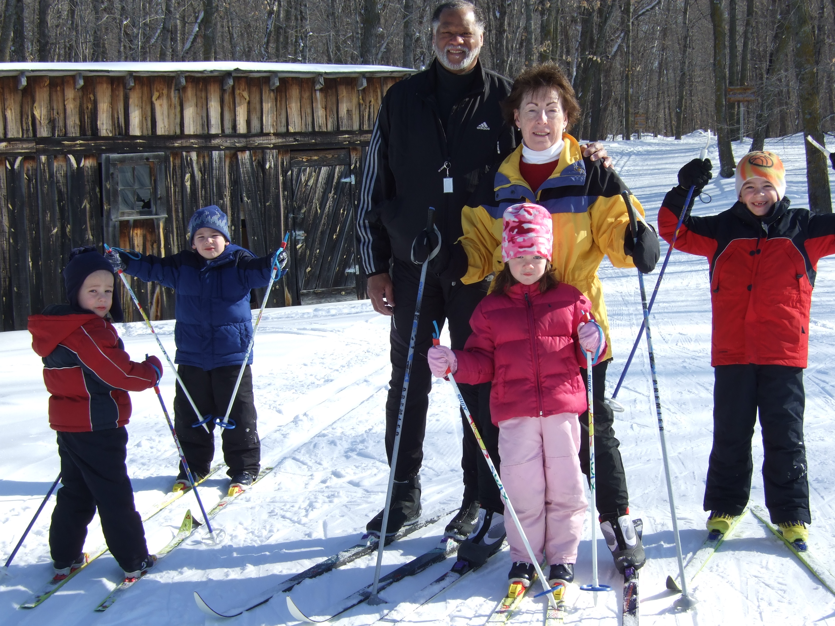 Photo provided by Jennifer Niemeierof Pat Palecek and Denny Rogers and 4 of their grandkids.  We were up Feb 21-23.  It was Joe's first time on skis and he really got going!!   >From Left to Right:  Joe Niemeier (4), Jack Niemeier (6), Denny Rogers, Pat Palecek, Ellie Gilbert (4) and Kyle Gilbert (7)