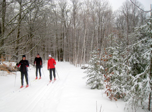 feb11-111 Dylan Ramstad Skoyles and Jake skiing with coach Dan on Sukkerbusk as they gear up for the state meet on Friday.