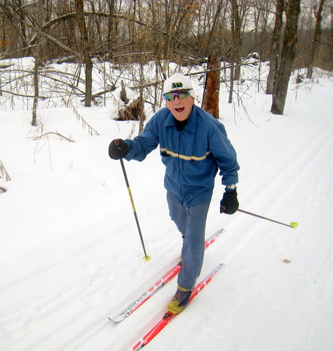 Minnesota Nordic ski legend Norm Oakvik striding on Twin Lakes. Norm has a rich history of helping develop Nordic skiing in Minnesota and helped with early trail design at Maplelag.