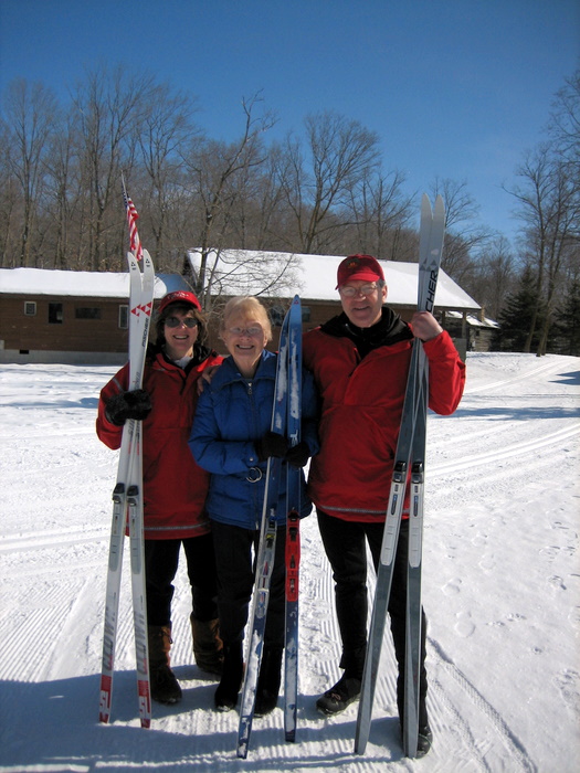 Larry and Nancy Eisinger with Grandama Eisinger. Still going strong at 83 1/2, skiing the past few days at Maplelag even though she stopped water skiing 10 years ago!