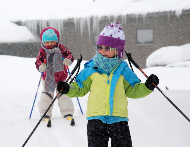 Julia and Siri Olson skiing at Maplelag, late February 2009