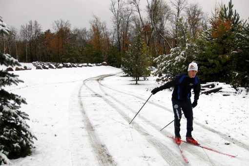 Jake enjoying day off from school and sneaking in an October ski.