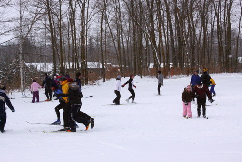 Ski games in the soccer field led by the Canadians staying at Maplelag this week. 