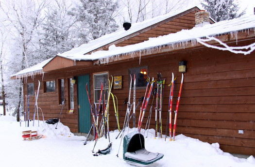 Occupants of the Brant cabin set for winter activity at Maplelag.