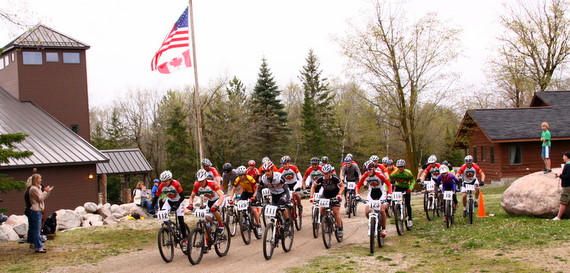 Racers heading out after the start of the Spring Opener Mountain Bike race.