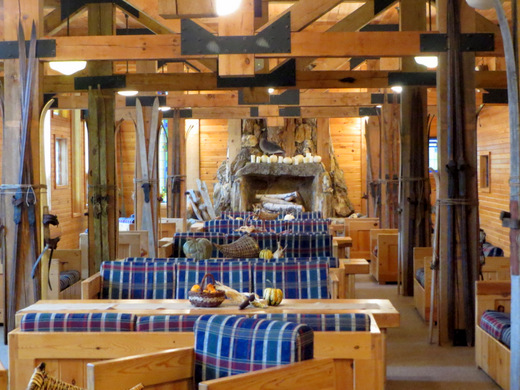 Maplelag's wooden ski collection on display in the lounge are in the main lodge.