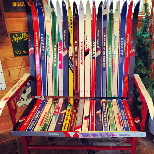 New ski bench at Maplelag, custom built with retired Nordic skis. Made by Maplelag's mechanic and welder, Arne Kiehl. February 6th, 2014.