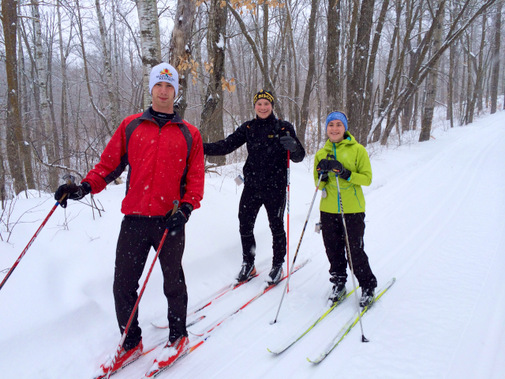Dylan, Adam and Berit on the trails early. Nicely done to these three who skied the entire trail system today! February 17th, 2014.