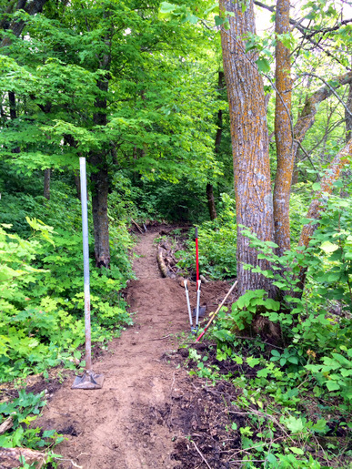 New mountain bike trail work on Maplelag property, June 25th, 2014.