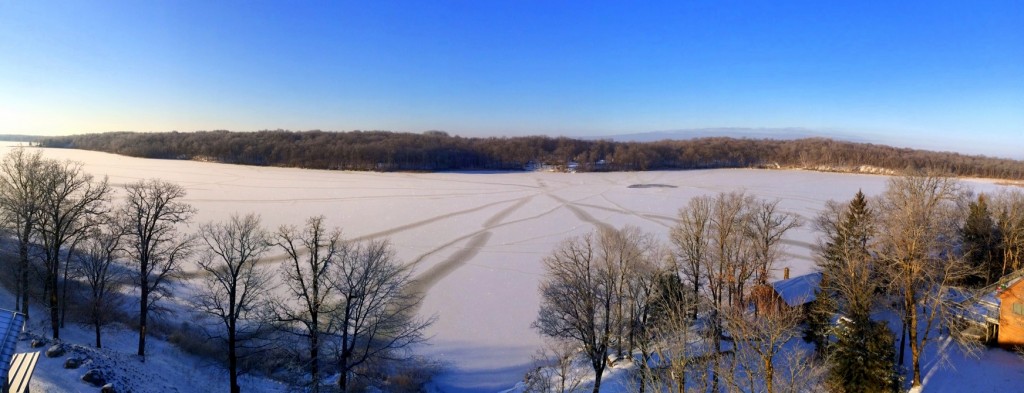 Panoramic view of Little Sugarbush lake as seen from the tower of the lodge. Frozen over completely early morning November 14th, 2014.