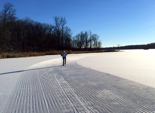 Skiing on the groomed loop on the lake. Better for double poling, still thin for ski skating. December 28th, 2014.