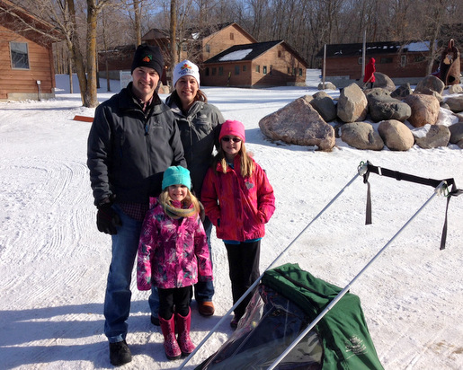 Scott Sundby family always waving the flag nicely. Thanks for donating the green pull sled for future Maplelag families to use on the trails. February 1st, 2015.