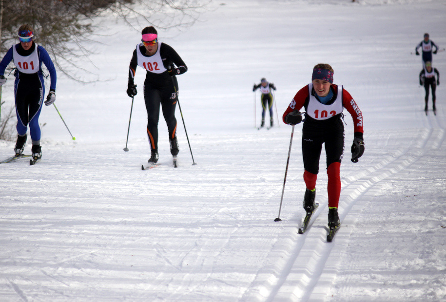 Berit Ramstad-Skoyles leading the front group up Suicide Hill during the pursuit race, Section 8 Nordic Ski Championships. February 3rd, 2015.