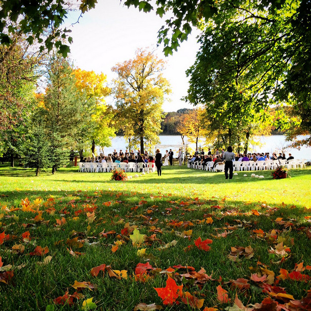 Early fall wedding ceremony at Maplelag on shores of Little Sugarbush lake. 