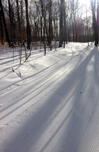 Sap Run with new tracks set in the afternoon. Also tracked in the morning but snow falling in the afternoon along with wind filling in the tracks. March 3r, 2015.