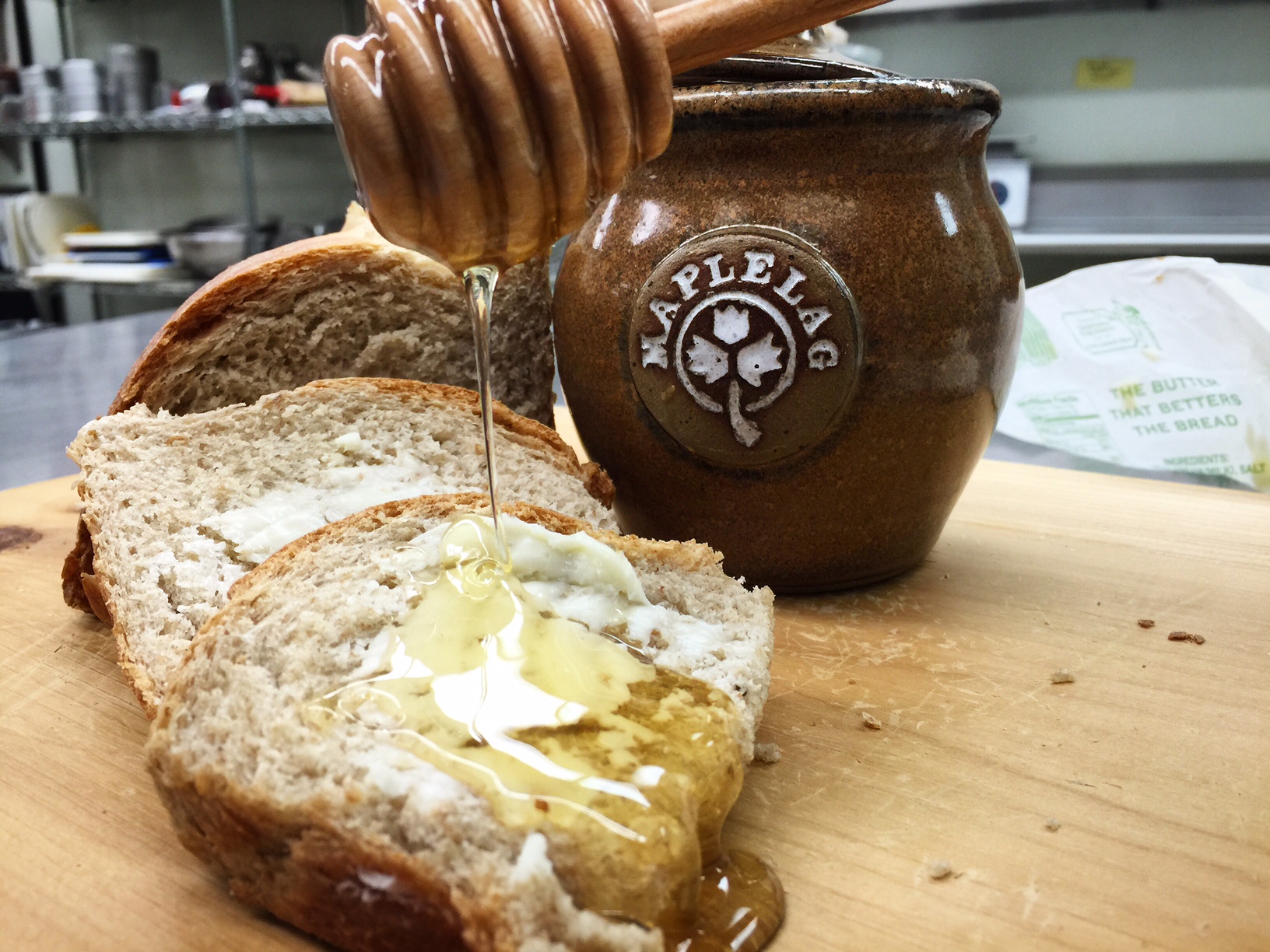 Deb's fresh bread with a spread of Hope Creamery butter and locally harvested honey. November 13th, 2015.