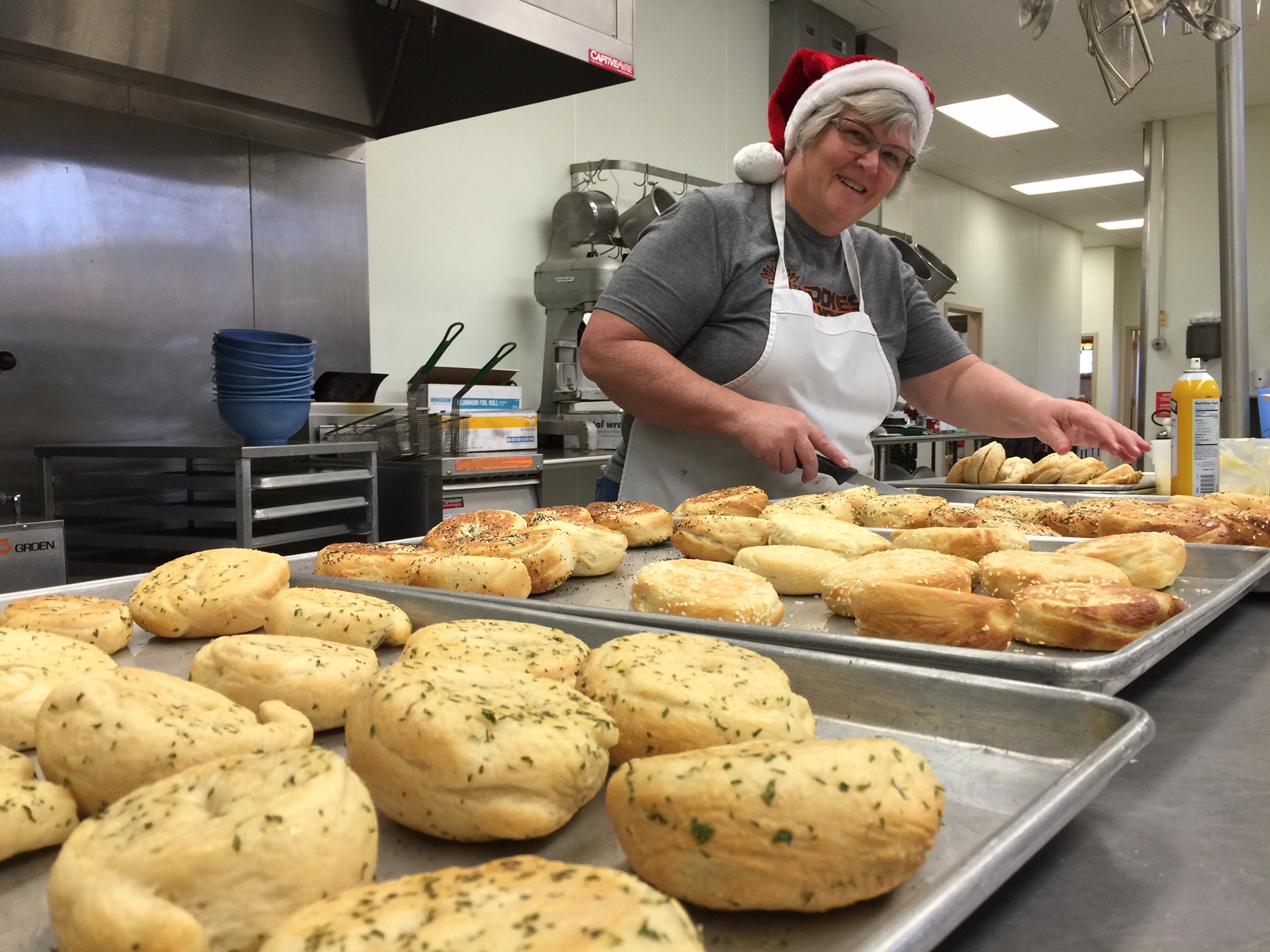 Chef Deb preparing a fresh batch of home made bagels. December 25th, 2015.