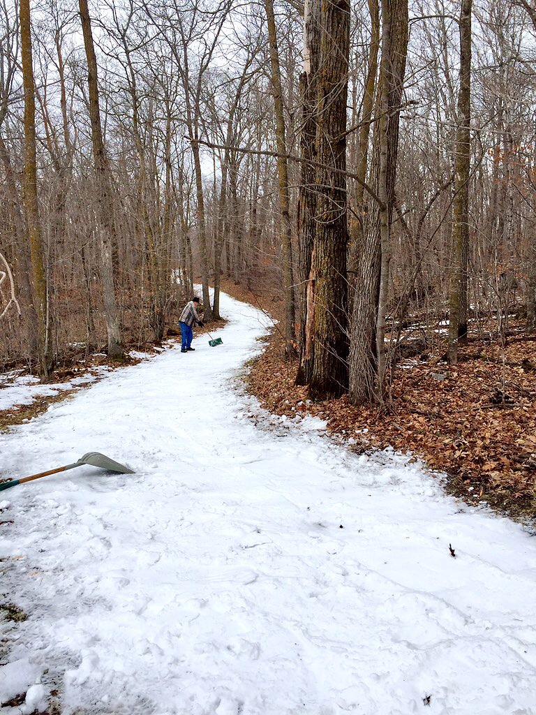 Visible stretch of trail seeing base enhancement after a morning of snow harvesting. December 8th, 2015.