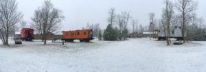 Snow falling Thursday morning in the switchyard. April 7th, 2016.