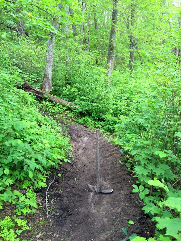 Pulaski work on mountain bike trail berm. We will fine tune throughout the course during the summer. June 16th, 2016.
