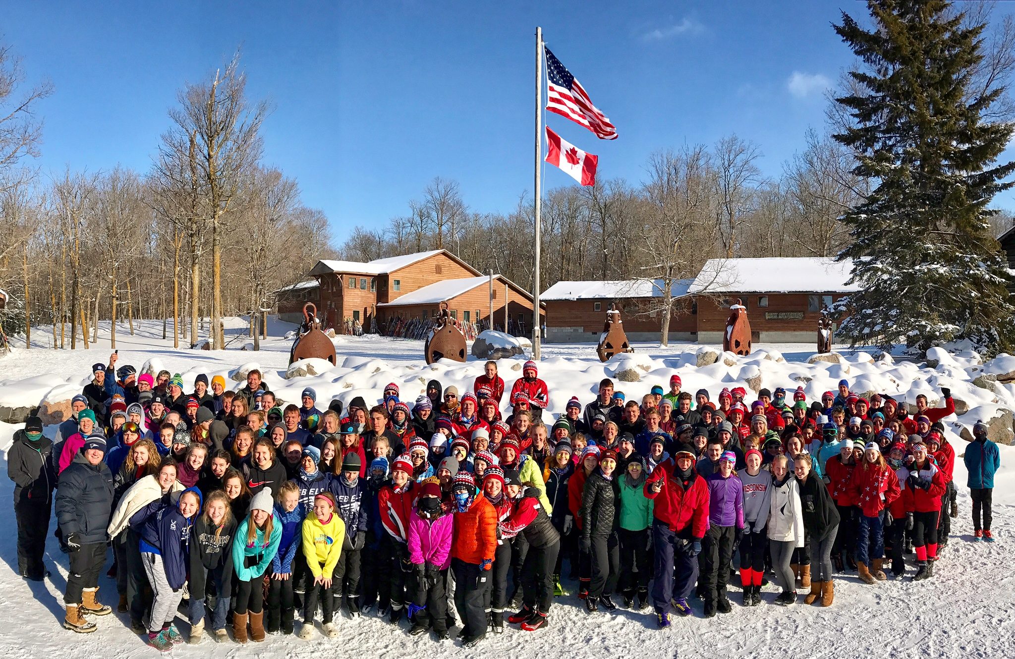 Nordic ski teams from St Paul Highland Park, Mound Westonka, Champlain Park, Chaska/Chan and Breck together for a photo. Ski Camp 1, December 17th, 2016.