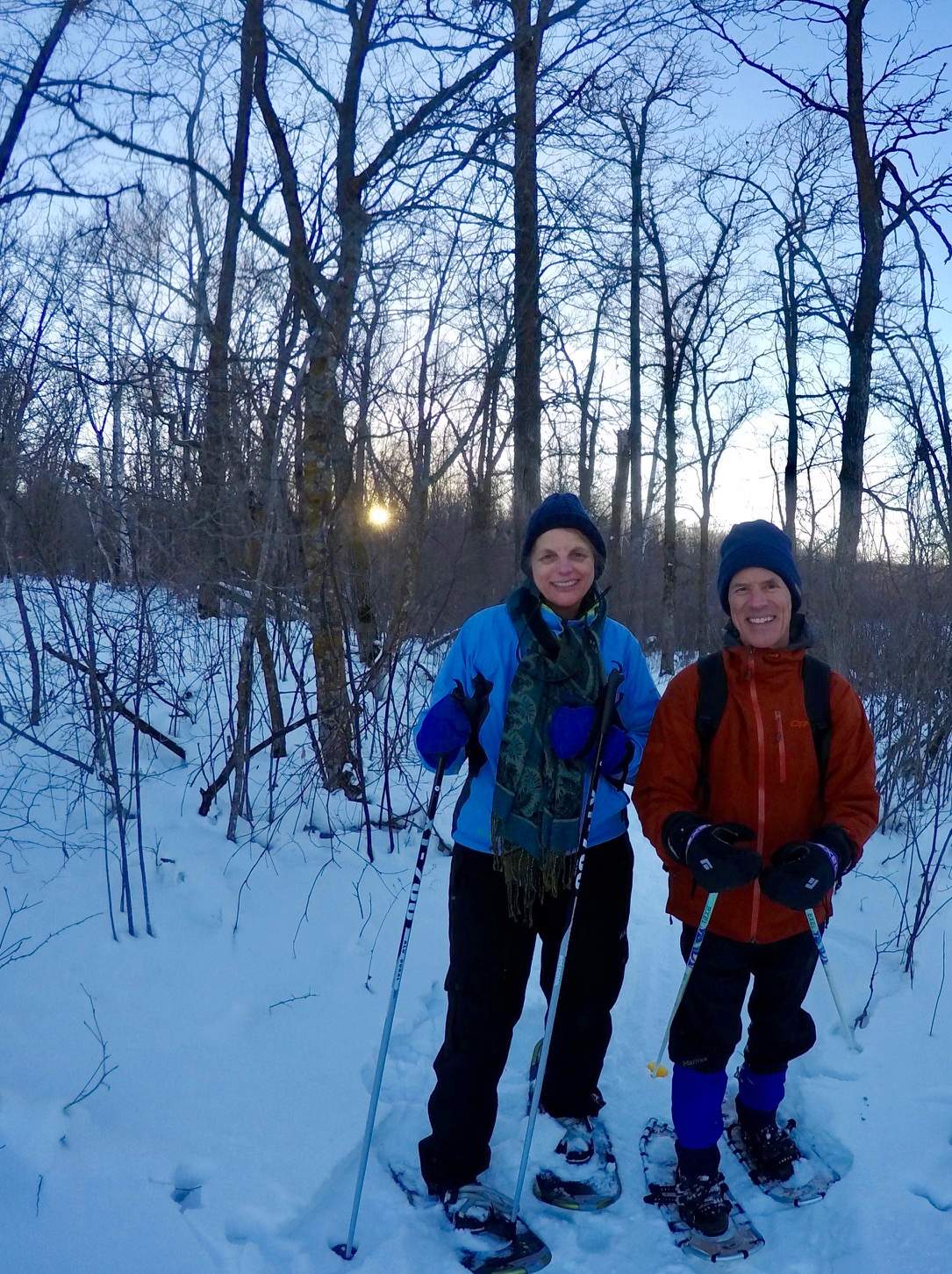 Ann and Robert on a sunset snowshoe, Twin Lakes singletrack. December 20th, 2016.