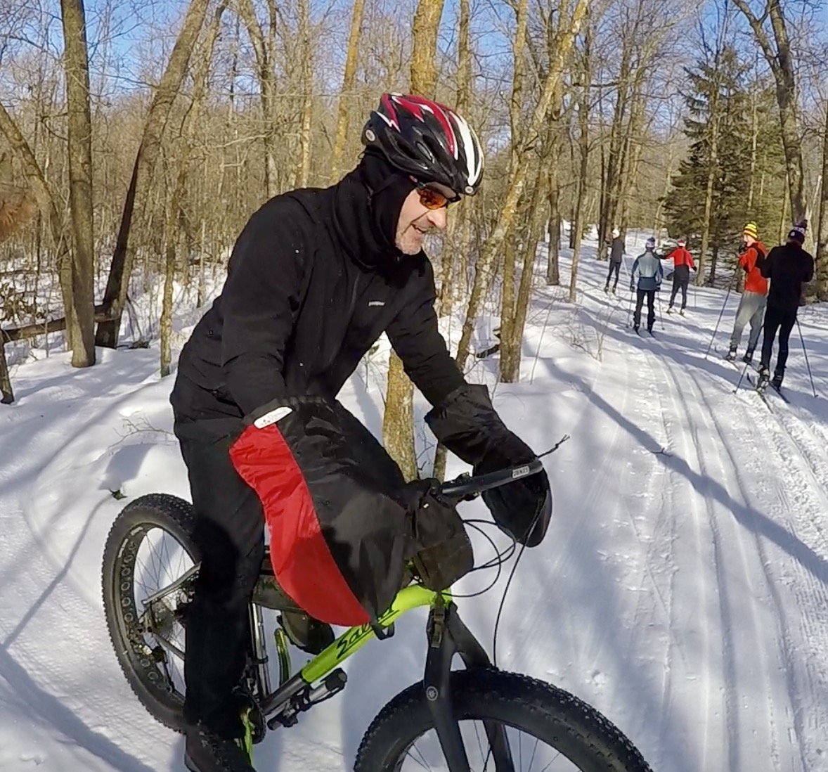Fat biking on twin lakes singletrack, February 12th, 2017. Great conditions. Best to ride in the morning when firm. Please ride in the morning during warmer temps to preserve the trail conditions. 