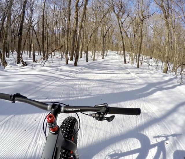 Fat biking on Skaters Waltz, February 15th, 2017. With a firm deck and cold temps, we will have Skaters Waltz skate ski trail open for fat biking Wednesday of this week and also Thursday morning until noon for fat bikes.