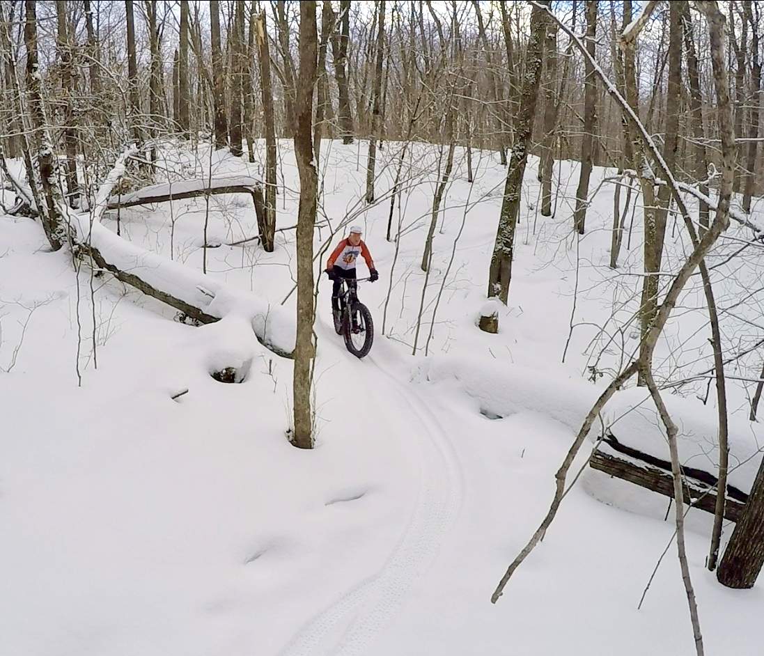 Packing in the new snow on Twin Lakes singletrack. January 31st, 2017.