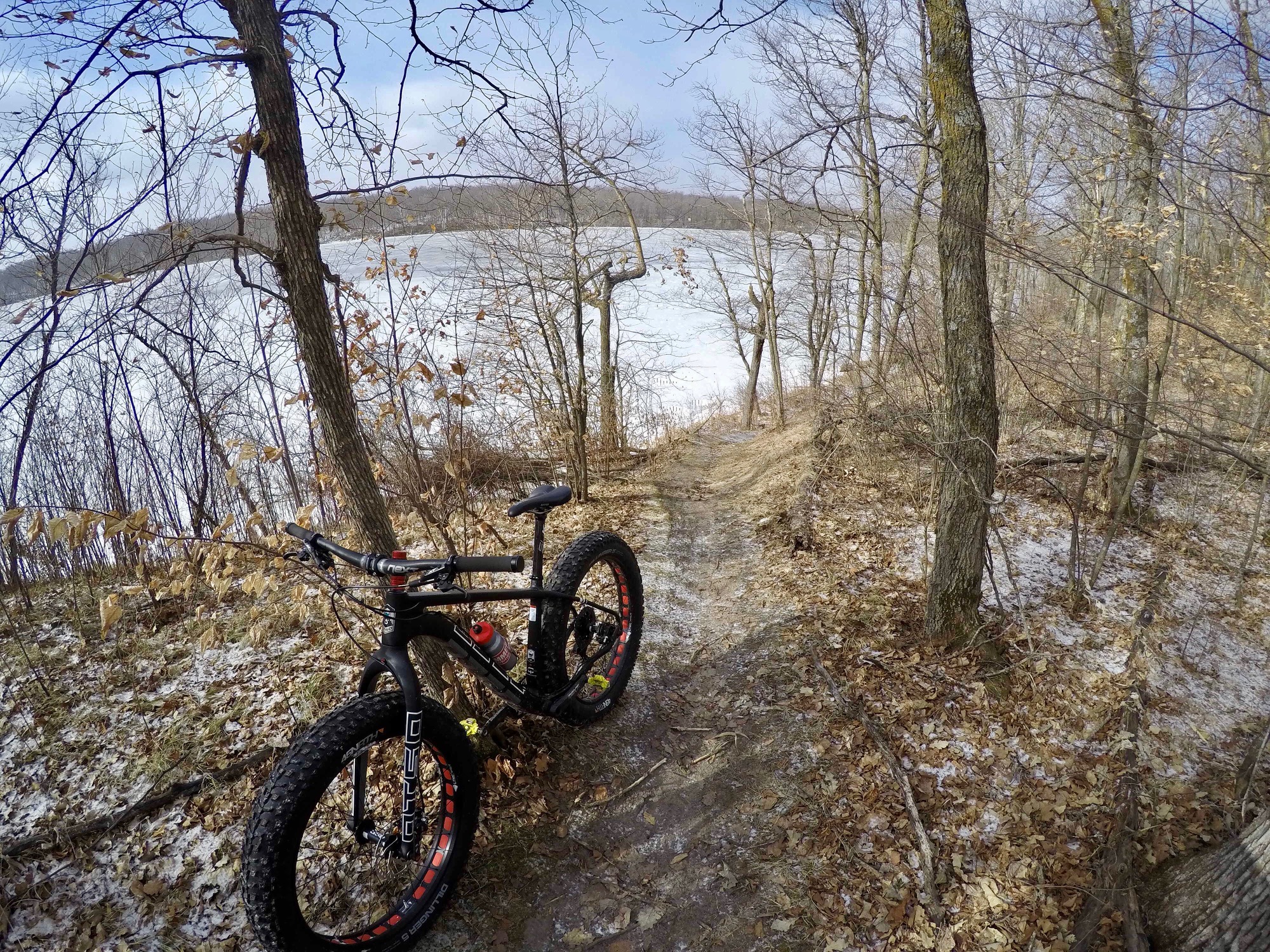 Top of lakeside singletrack, March 7th, 2017. Great riding thanks to rock solid frozen ground. 