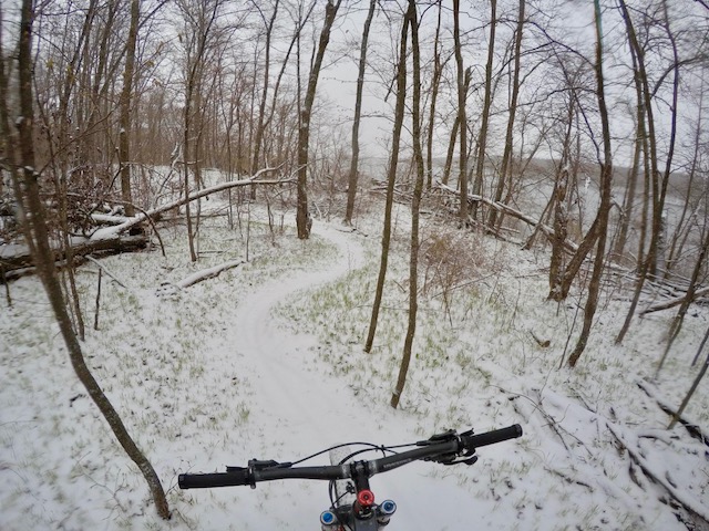 Snowy singletrack, April 26th, 2017. Temps in the mid 20's keeping the snow dry and the deck firm for rideable conditions. Will melt off Thursday and need a half day or so of drying. 