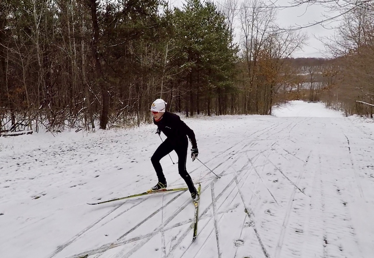 Skate skiing up Suicide hill, November 3rd, 2017. Suicide Hill has the best coverage on the trail system right now and made for nice up and down skiing this morning, especially for November 3rd!